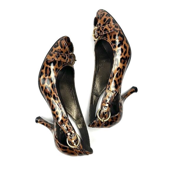 Stuart Weitzman Patent Leather Leopard Animal Print Peep Toe Pumps 6 1/2 - Picture 5 of 15